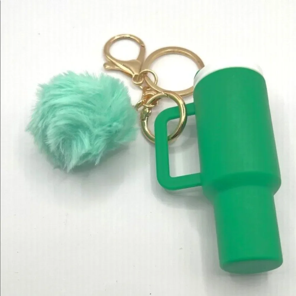 Green Mini Tumbler Keychain Purse Charm with a Pom Pom Charm